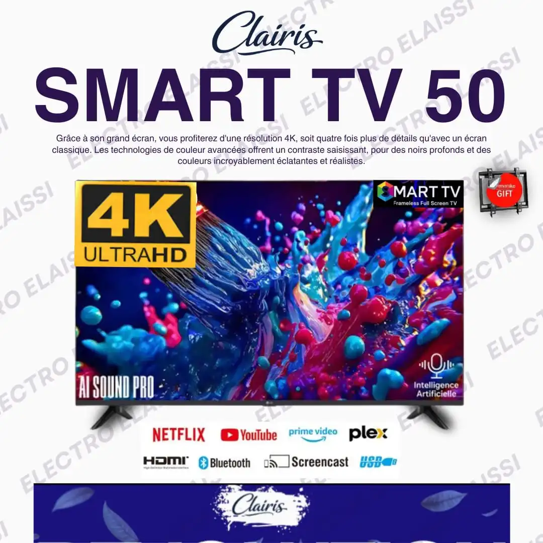 Smart TV CLAIRIS 50" – 4K UHD – Android TV – Récepteur Satellite & TNT Intégrés – WiFi & HDMI + SUPPORT