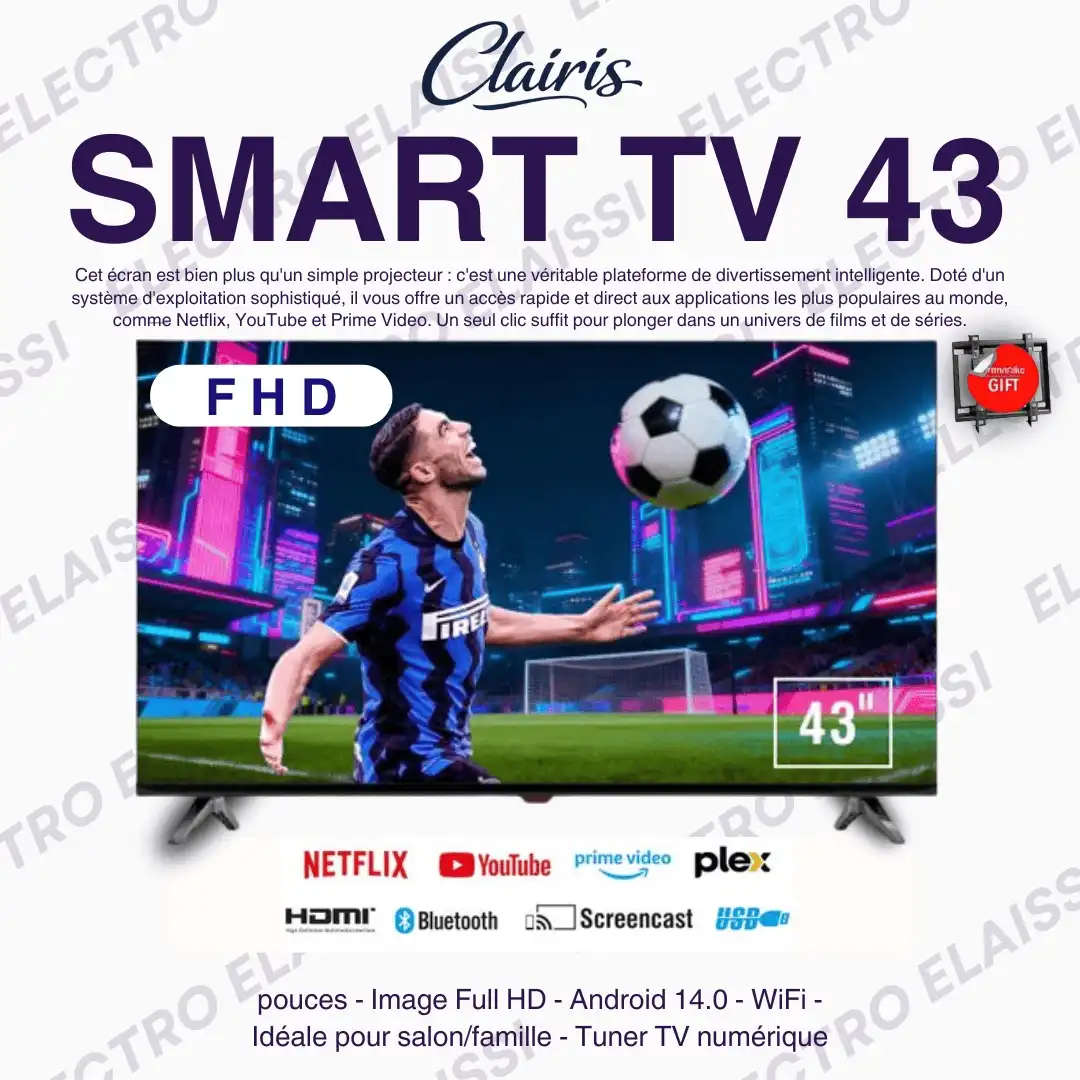 Smart TV Clairis 43" Full HD – Android 14 – Bluetooth & WiFi Intégrés – Design Ultra-Slim + support