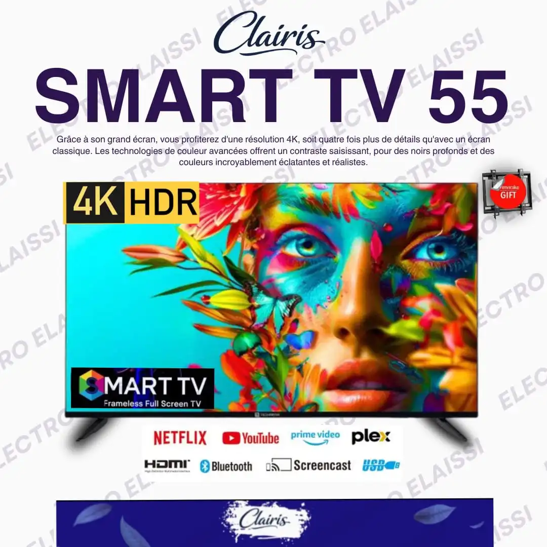 Smart TV CLAIRIS 55" 4K UHD – Nouveau Modèle 2025 – Android 14 – Récepteur & TNT Intégrés – WiFi & Bluetooth + Support