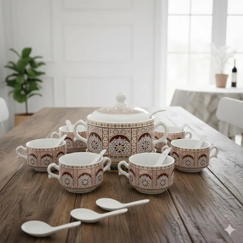 Service à Soupe Complet 15 Pièces - Motifs Dorés Zelig et Supports de Rangement en Métal Doré