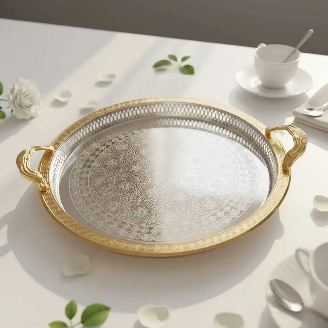 Plateau rond Beldi– Gravures Traditionnelles détails dorés Marocaines -52/44cm