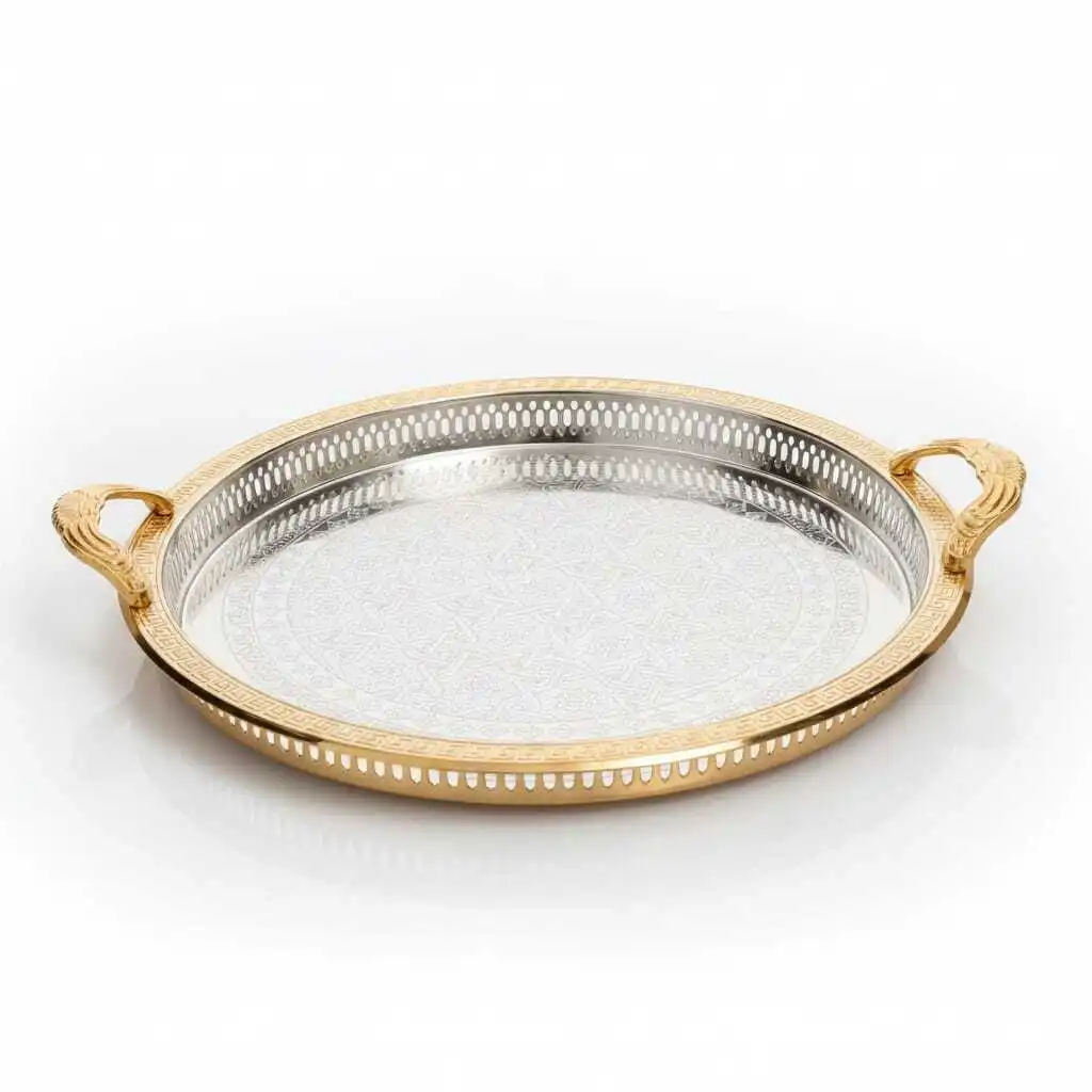 Plateau rond Beldi– Gravures Traditionnelles détails dorés Marocaines -52/44cm