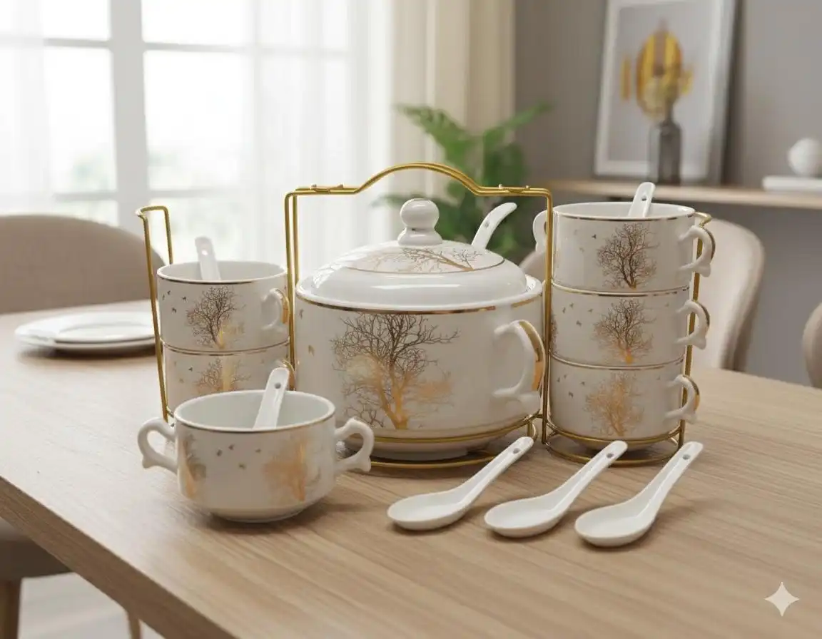 Service à Soupe Complet 15 Pièces - Motifs Dorés et Supports de Rangement en Métal Doré