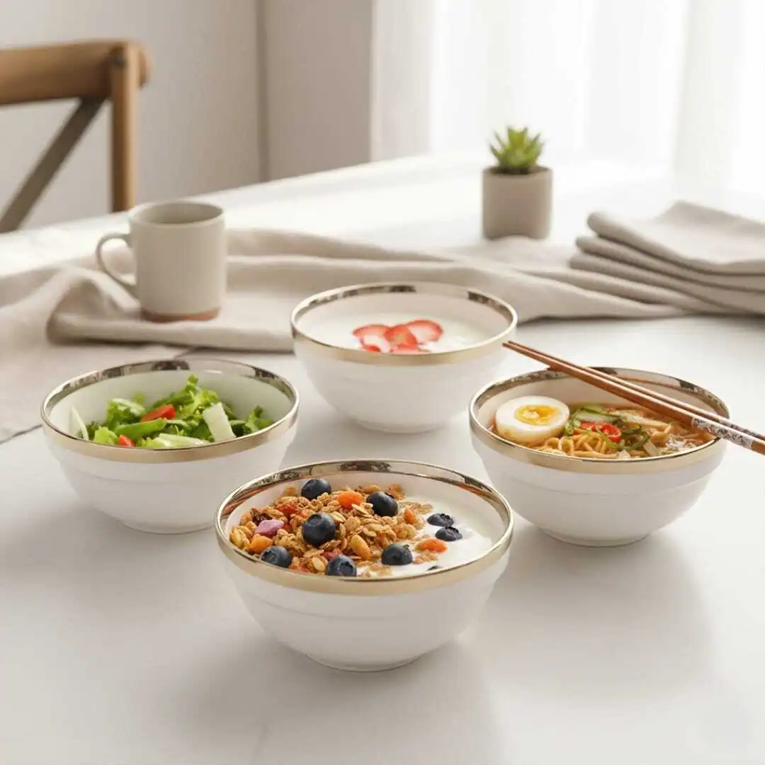 Lot 4 Bols en Porcelaine - AYA HOME - 12 cm - Détails dorés - Compatible lave-vaisselle