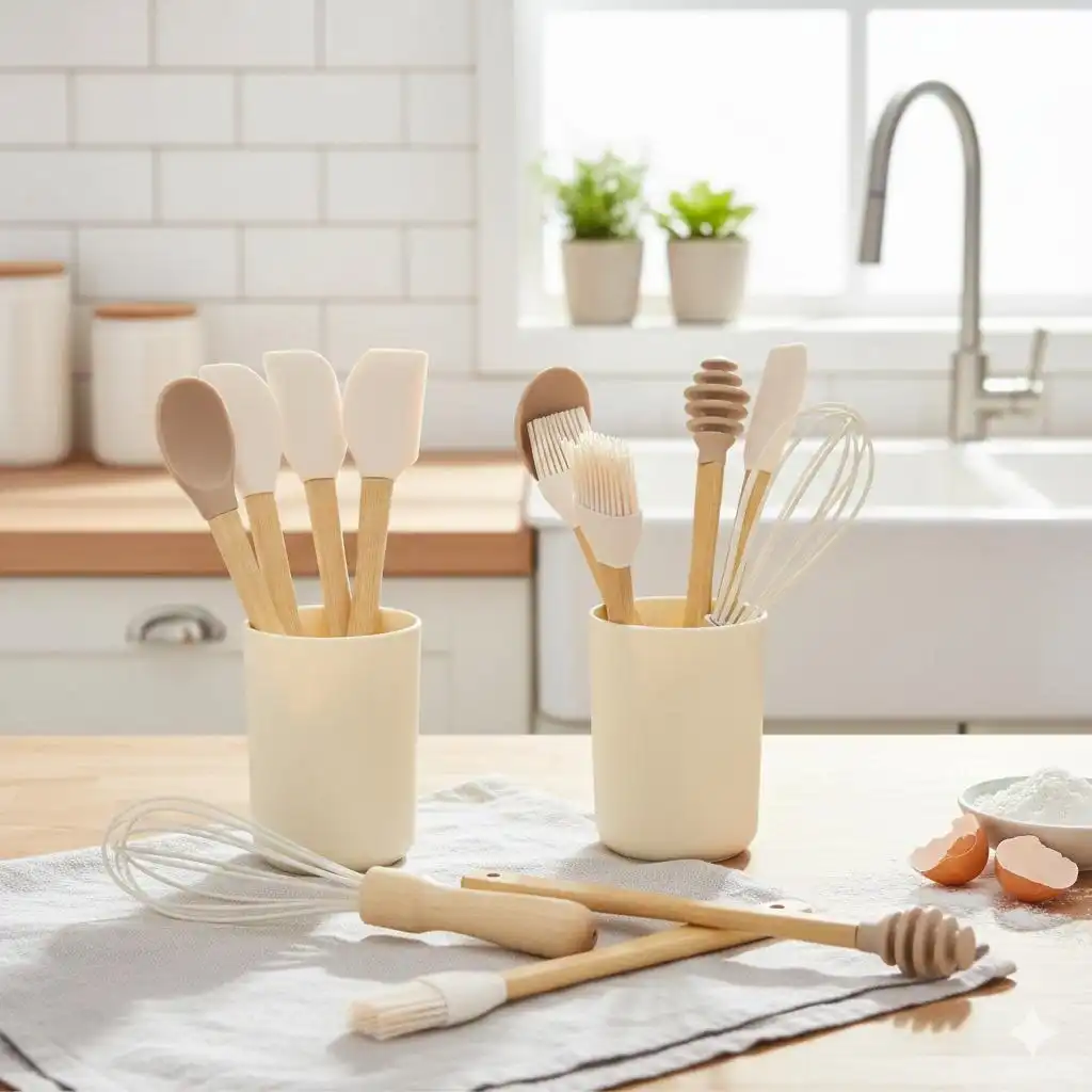 Set de 6 Ustensiles de Cuisine en Silicone et Bois Naturel - Kit Pâtisserie Complet avec Fouet, Spatule, Pinceau