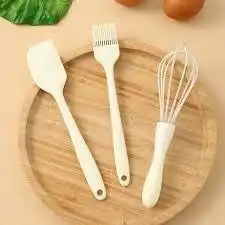 Set de 6 Ustensiles de Cuisine en Silicone et Bois Naturel - Kit Pâtisserie Complet avec Fouet, Spatule, Pinceau