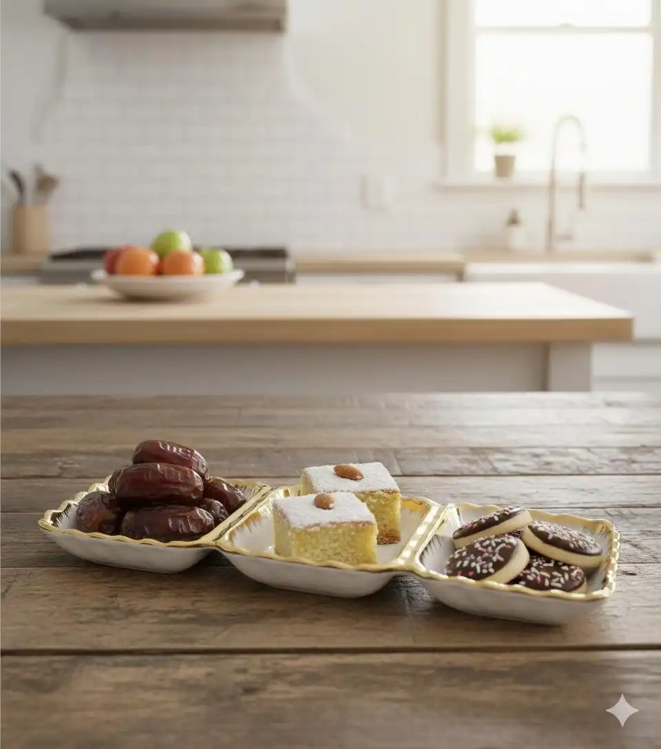 Presentoir en porcelaine à 3 Compartiments avec Bordure Dorée - Condiments et Mignardises -28cm/9cm