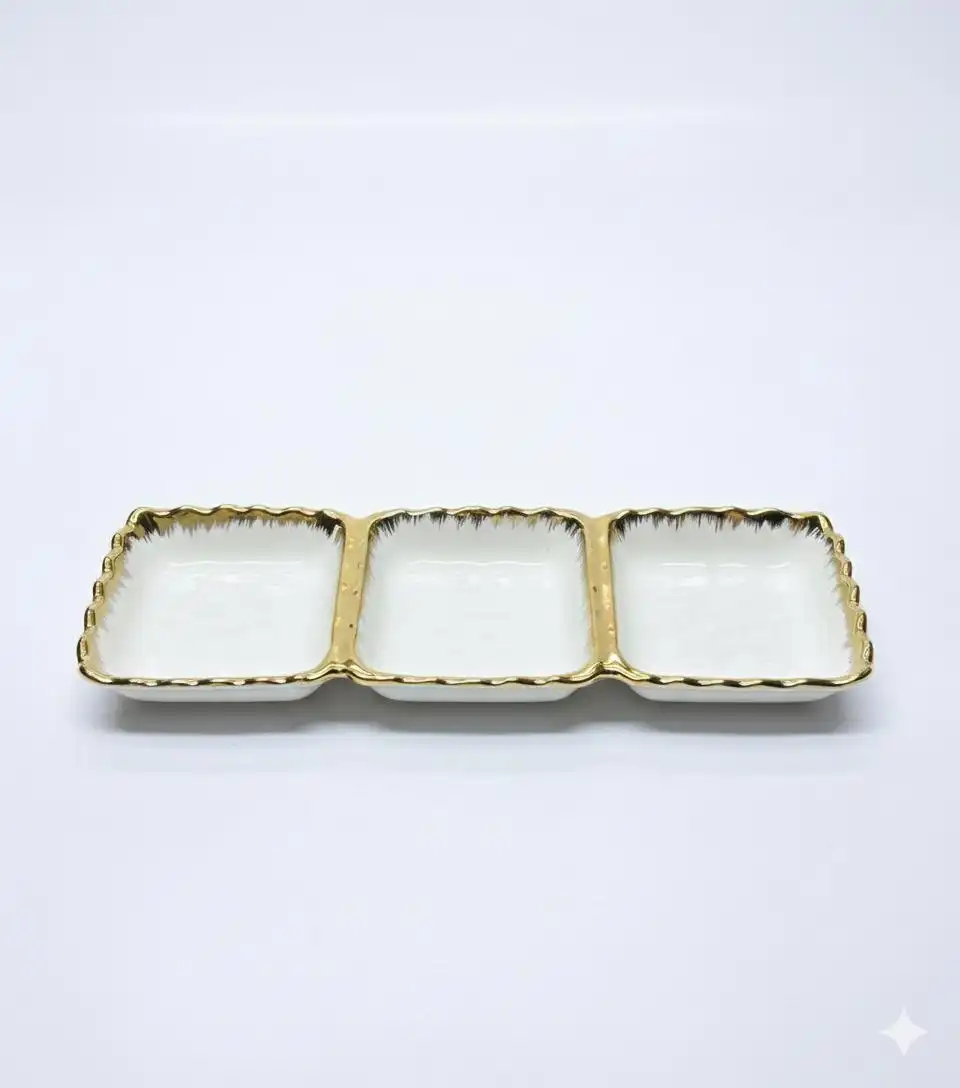 Presentoir en porcelaine à 3 Compartiments avec Bordure Dorée - Condiments et Mignardises -28cm/9cm