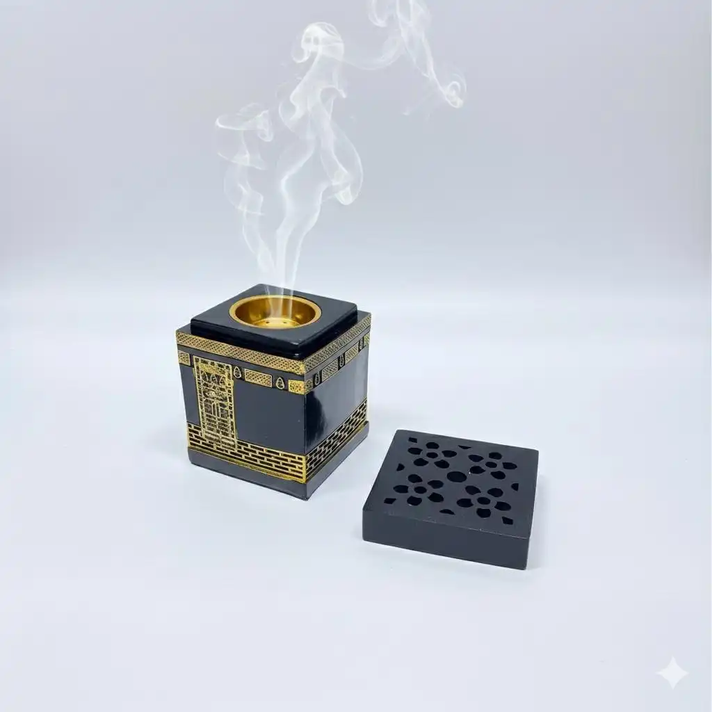 Brûleur d'Encens "Mbekhra LKE3BA" Noir et Or - Diffuseur de Parfum Couvercle Amovible-12cm/9