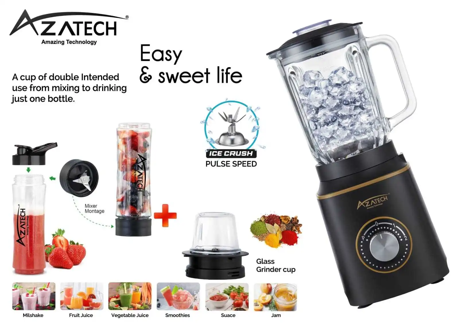AZATECH Blender mixeur 3en1 5 vitesses bol en verre 1,5L + mini hachoir + smoothie 600ww