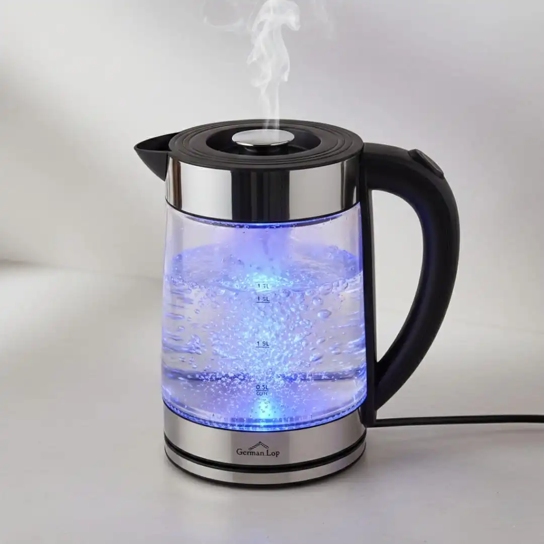 Bouilloire Électrique en Verre German Lab – 1,7L – 1500W – Base Sans Fil 360° – Noir & Inox