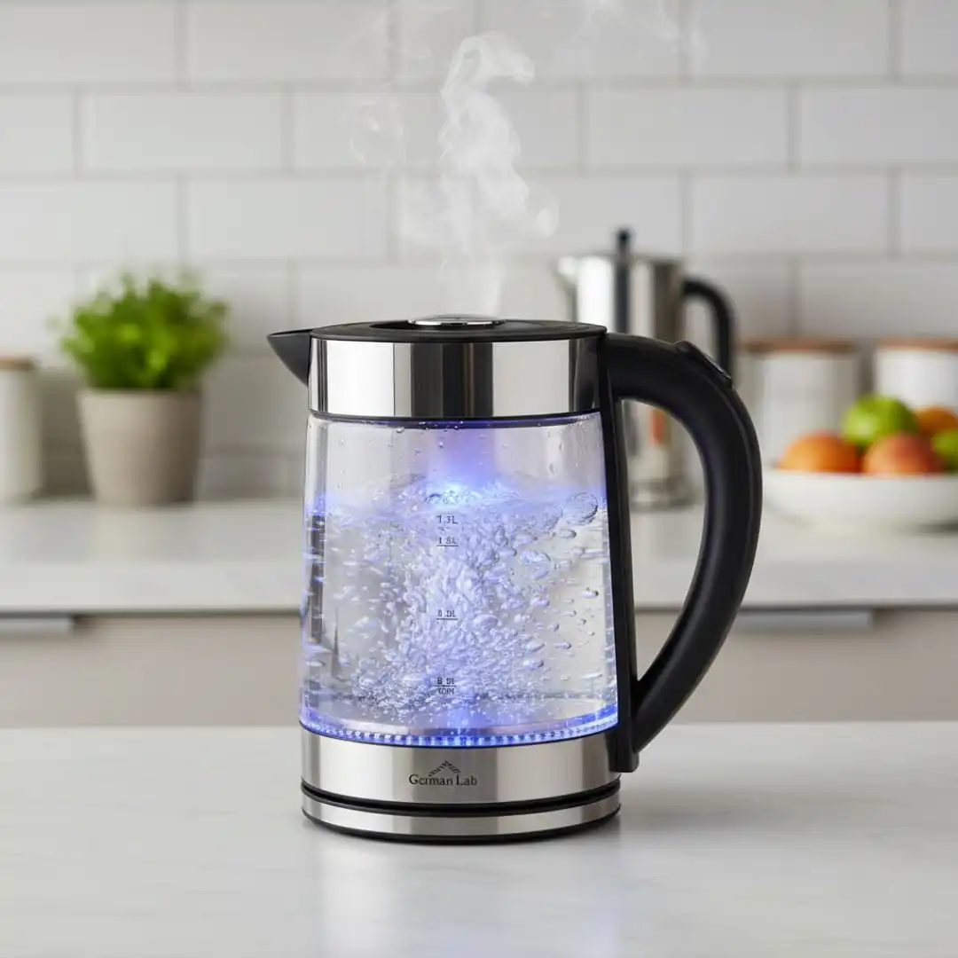 Bouilloire Électrique en Verre German Lab – 1,7L – 1500W – Base Sans Fil 360° – Noir & Inox