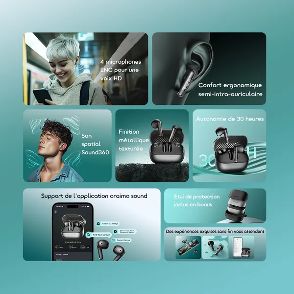oraimo SpaceBuds Air+ Écouteurs True Wireless avec Finition Métallique et Résistance IPX4