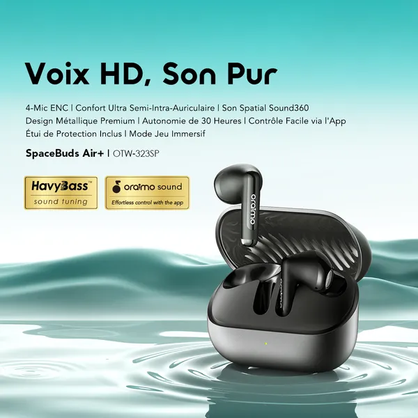 oraimo SpaceBuds Air+ Écouteurs True Wireless avec Finition Métallique et Résistance IPX4