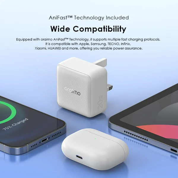 oraimo PowerCube 20 Chic 20W GaN Wall Charger Kit with Type-C to Type-C Cable