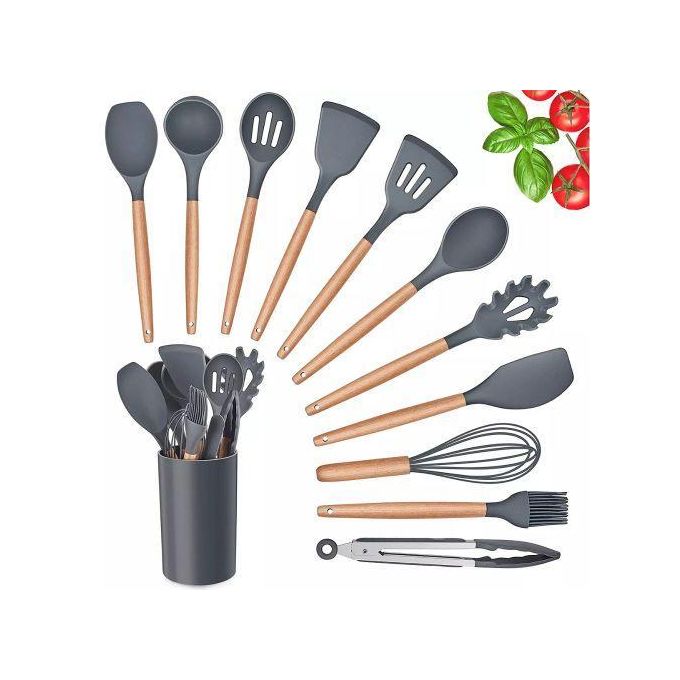 12 Pièces Ustensiles de Cuisine Résistant à la Chaleur en Silicone et Bois