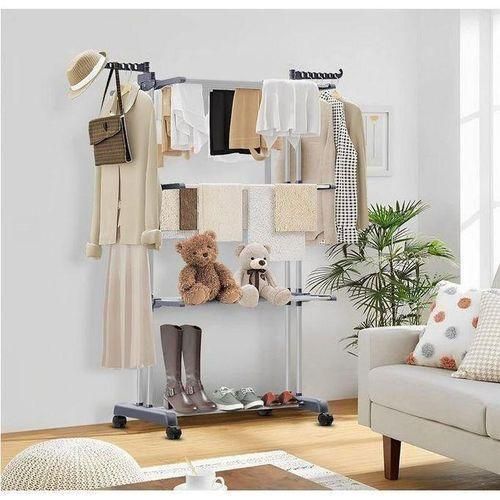 Etendoir Linge Interieur, 4 Niveaux Grande Sechoir a Linge Pliable avec Roues, Acier Inoxydable Seche Linge Etendoir pour Usage Intérieur et Extérieur