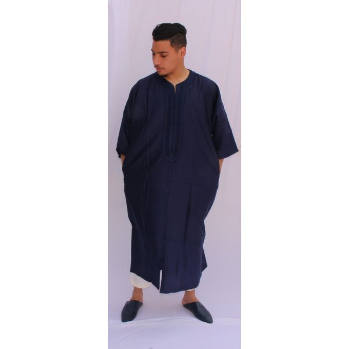 Jabador Maroc Gandoura jim à la main 100/100 coton haute couture/bleu marine.