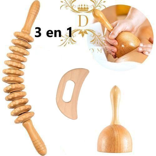 Lot de 3 outils de massage thérapeutiques en bois - Kit de thérapie par le bois professionnel