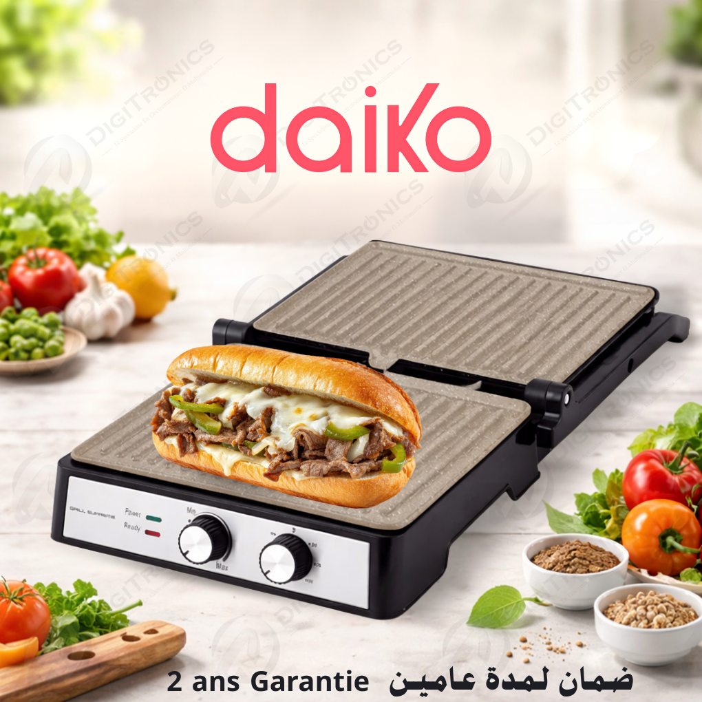 Daiko Grill Panini Ouverture 180° 2000W, Revêtement Granite, Minuterie Intégrée, PN-4274GMXK