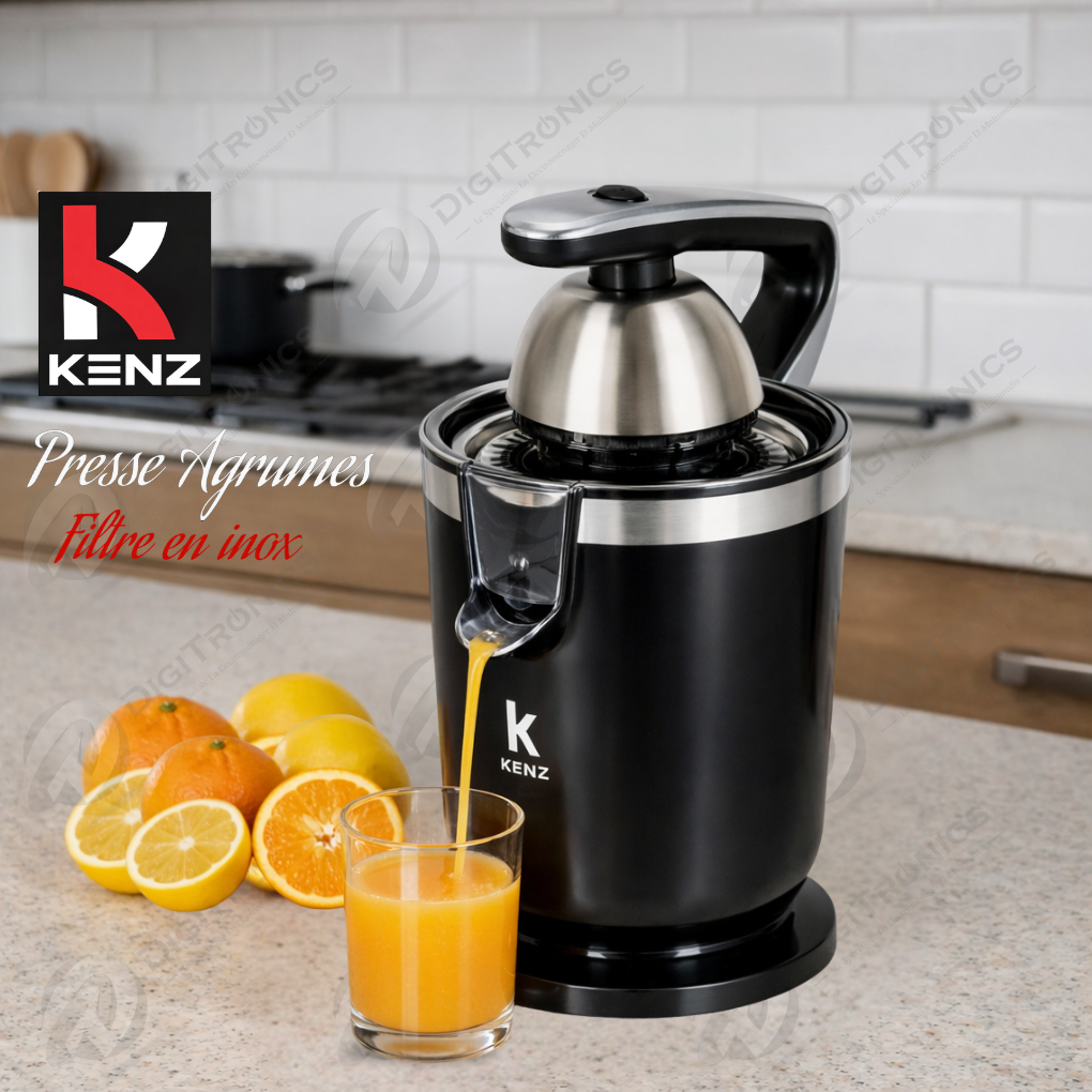 Kenz Presse-Agrumes Électrique Filtre Inox, 2 Cônes, Poignée Aluminium, DR-7802