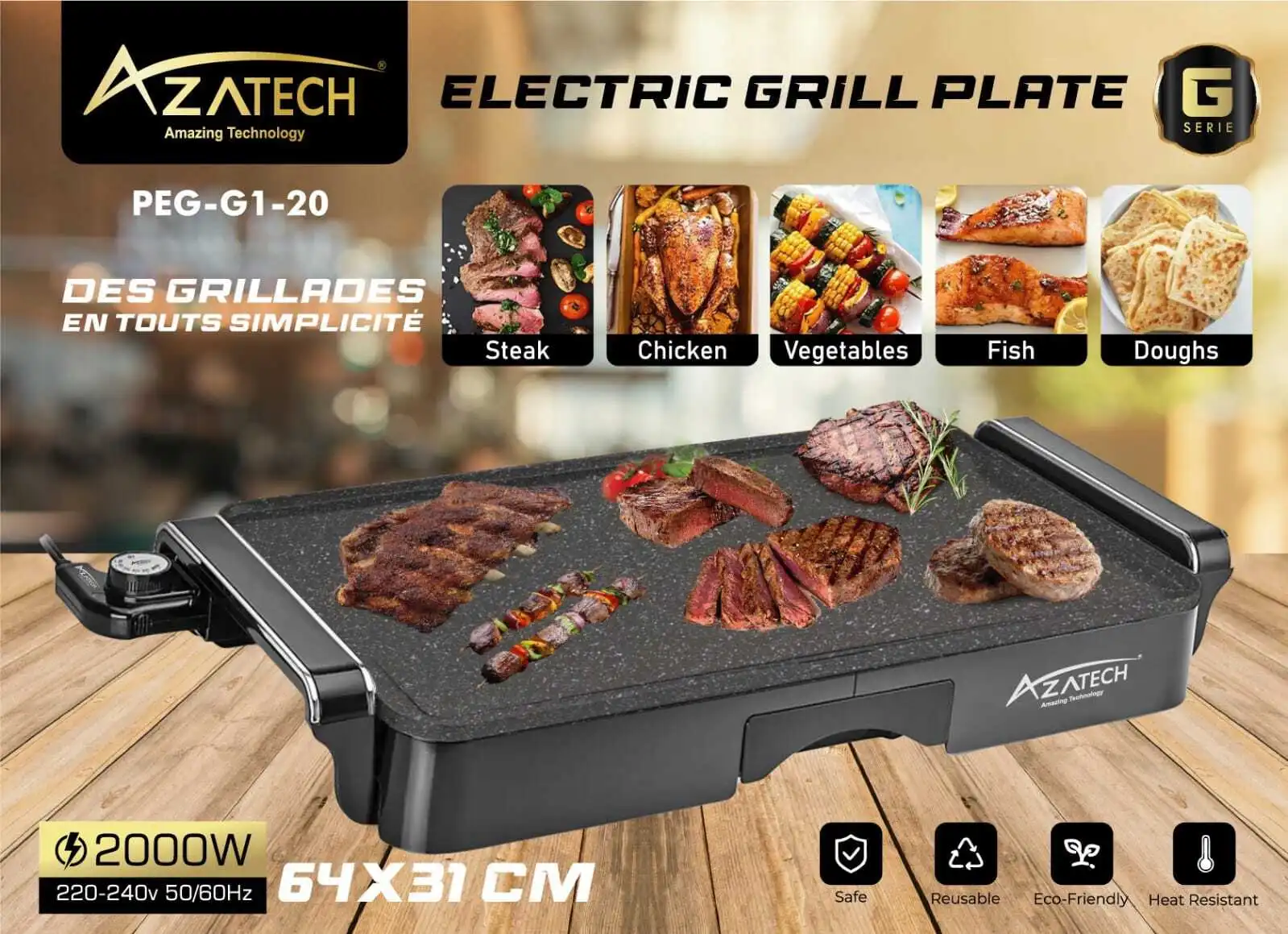 Plaque à grillade plancha barbecue électrique granit/acier inoxydable extra large 64x31cm