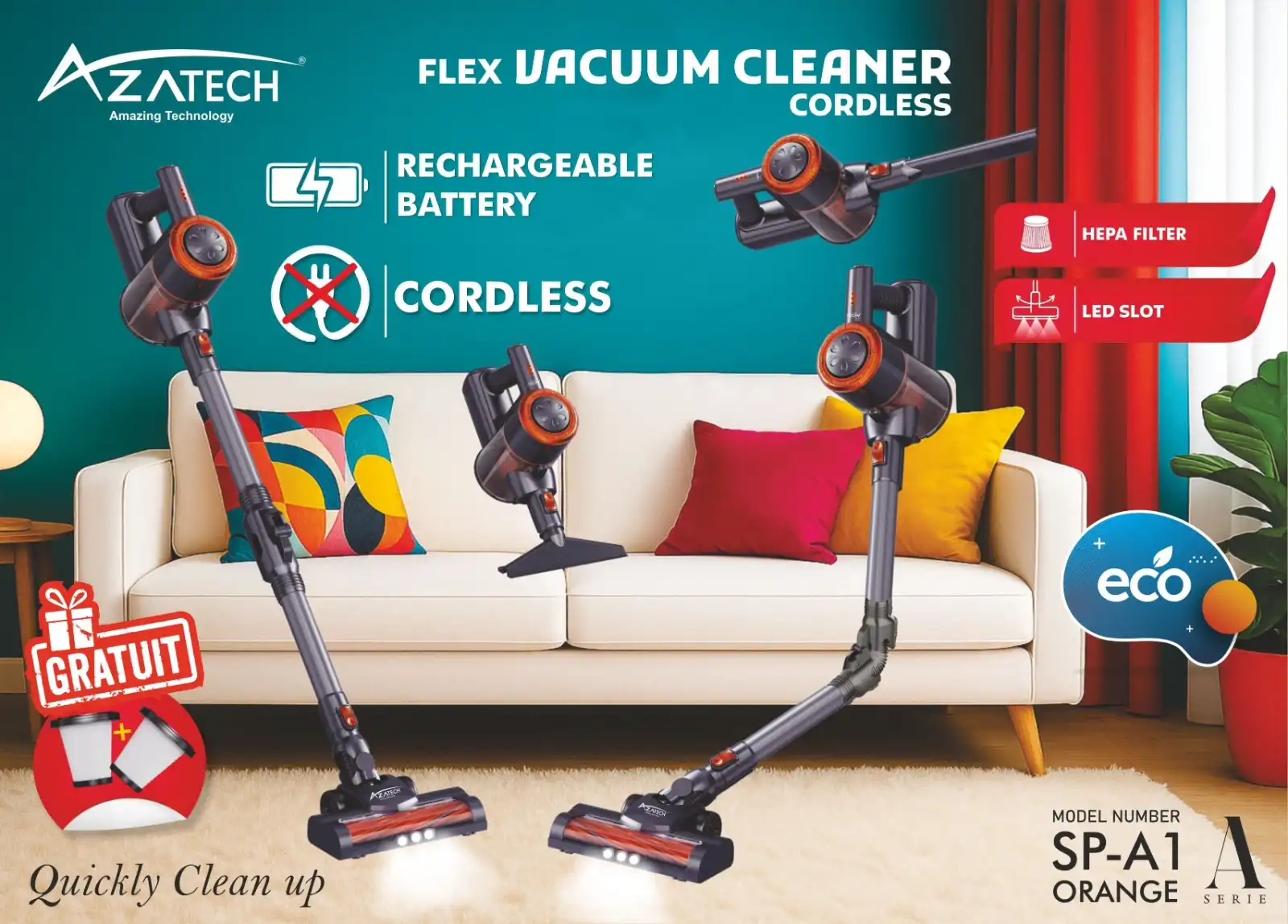 Azatech Aspirateur balai Sans Fil Batterie Turbobat Digital Flex 3 en 1 + 2 Filtre Gratuit