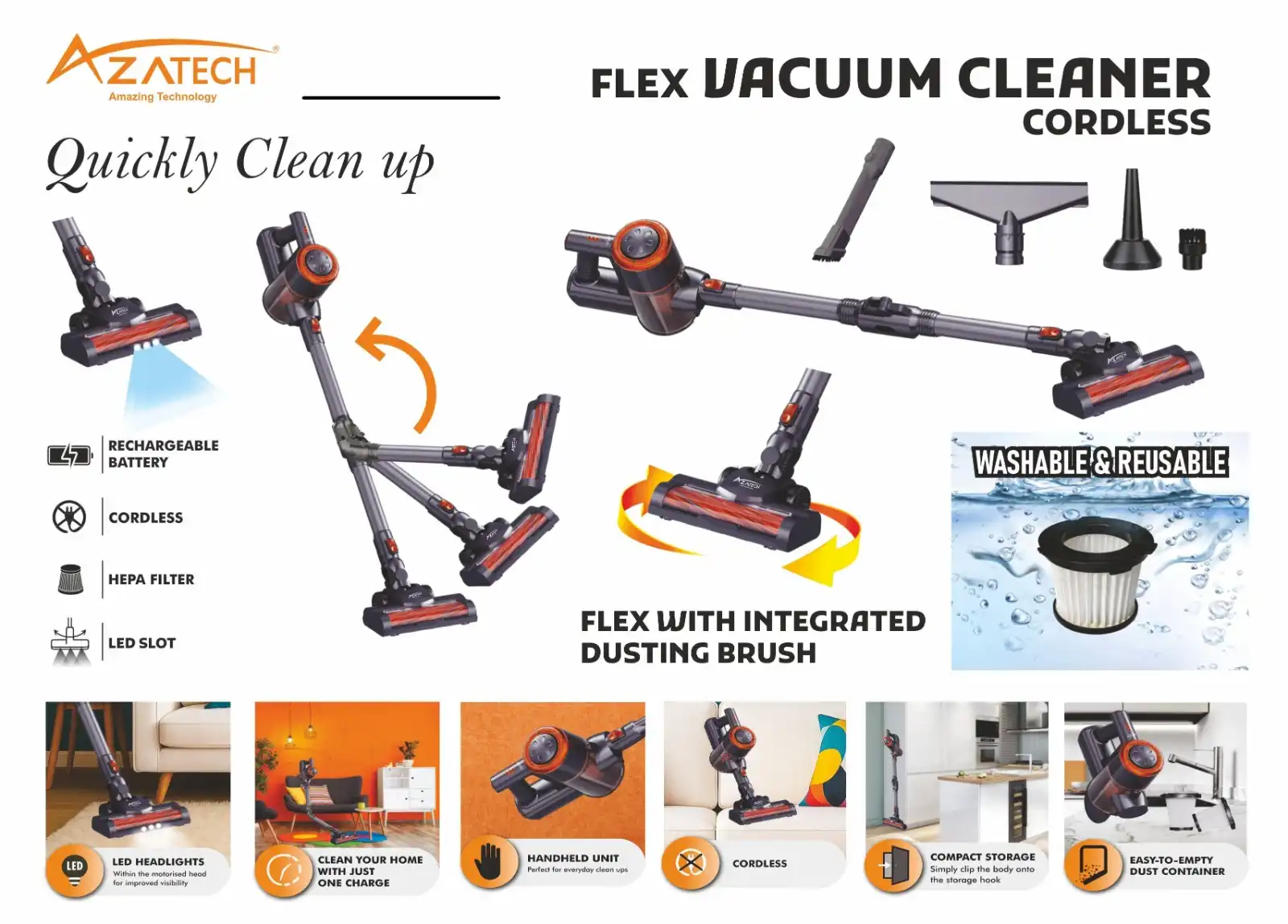 Azatech Aspirateur balai Sans Fil Batterie Turbobat Digital Flex 3 en 1 + 2 Filtre Gratuit