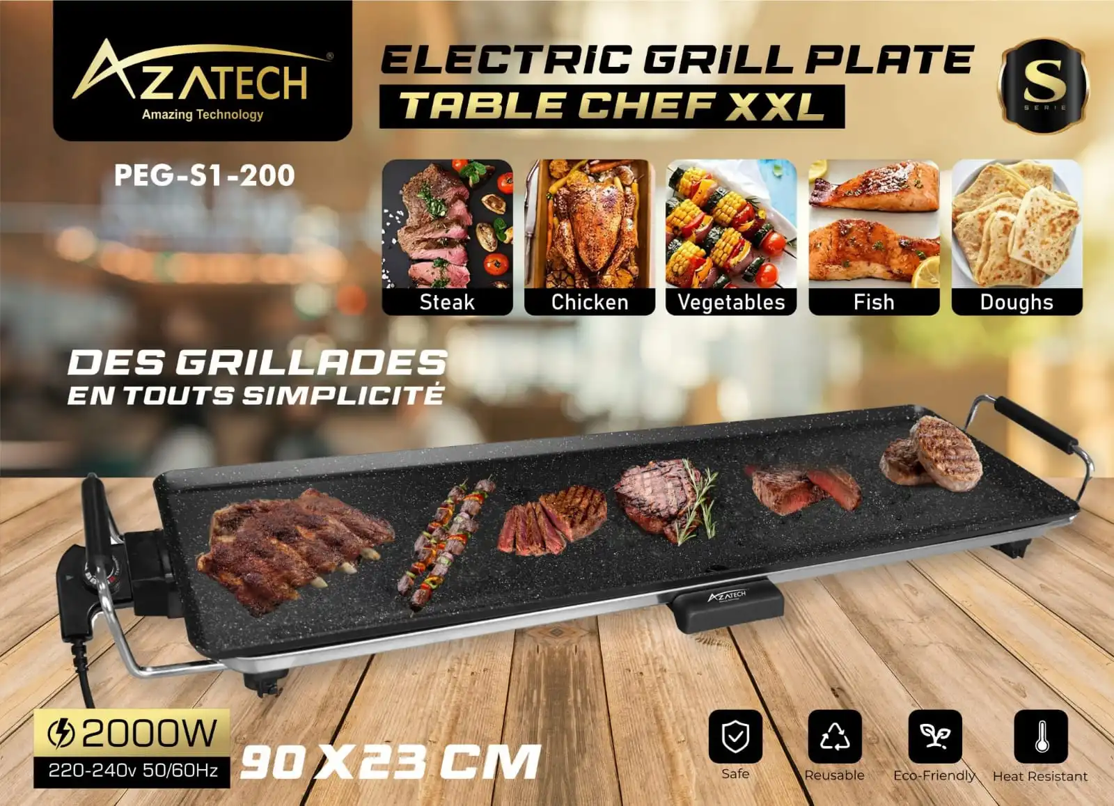 AZATECH Plancha De Cuisson 70cm Antiadhésif Électrique 2000w