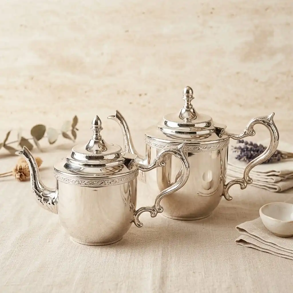 Pack Service à Thé -Tradition & Prestige– 2 Théières (1.5L & 1L) -Plateau Senia 45cm/35xm -Bronze Rodié argent + 6Verres offert