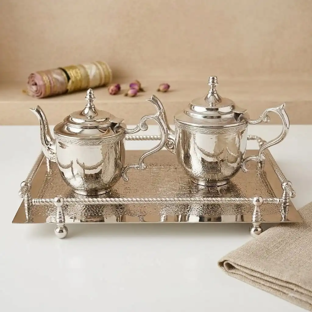 Pack Service à Thé -Tradition & Prestige– 2 Théières (1.5L & 1L) -Plateau Senia 45cm/35xm -Bronze Rodié argent + 6Verres offert