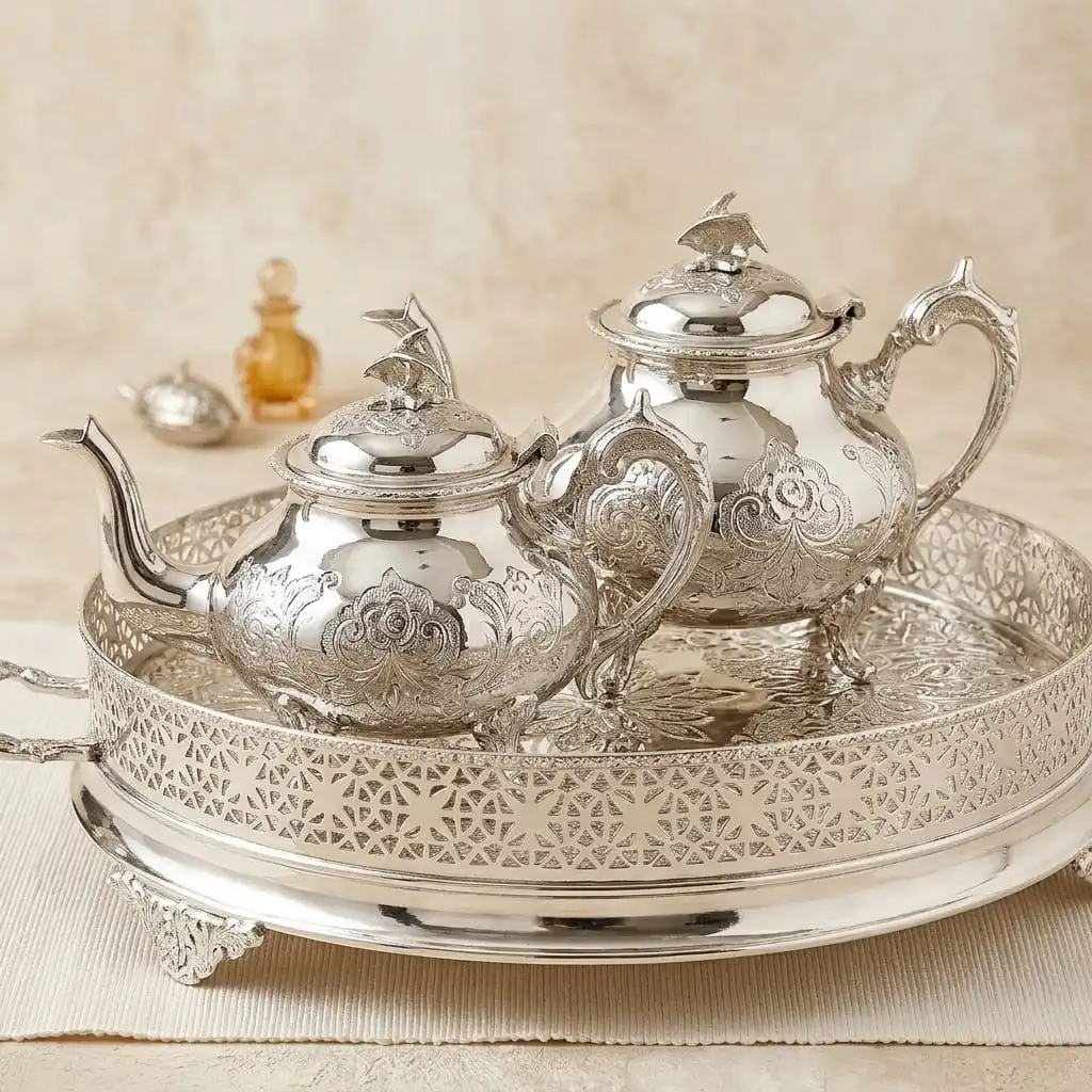 Pack Service à Thé -Tradition & Prestige– 2 Théières (1.5L & 1L) -Plateau Senia 45cm -Bronze Rodié argent + 6 Verres offerts