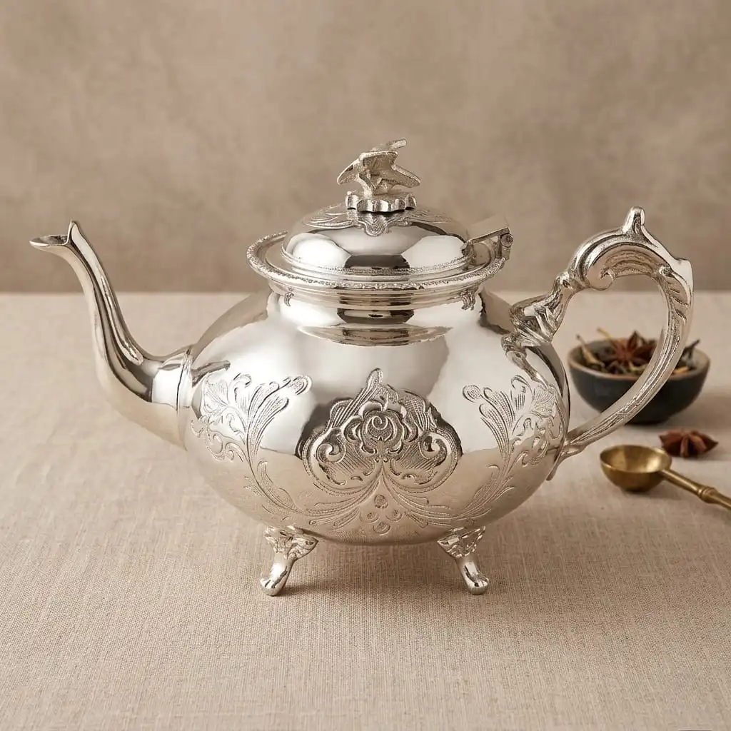 Pack Service à Thé -Tradition & Prestige– 2 Théières (1.5L & 1L) -Plateau Senia 45cm -Bronze Rodié argent + 6 Verres offerts