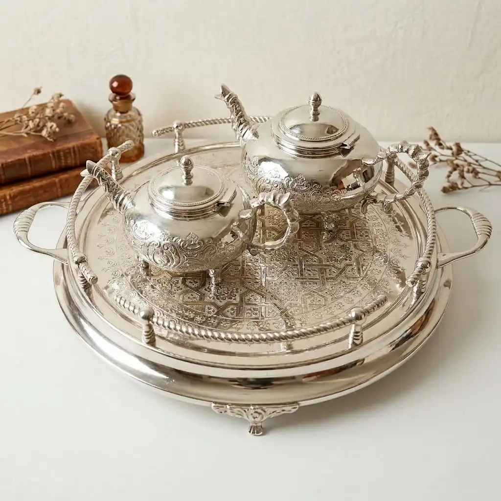 Pack Service à Thé -Tradition & Prestige– 2 Théières (1.5L & 1L) -Plateau Senia 45cm -Bronze Rodié argent + 6 Verres offerts