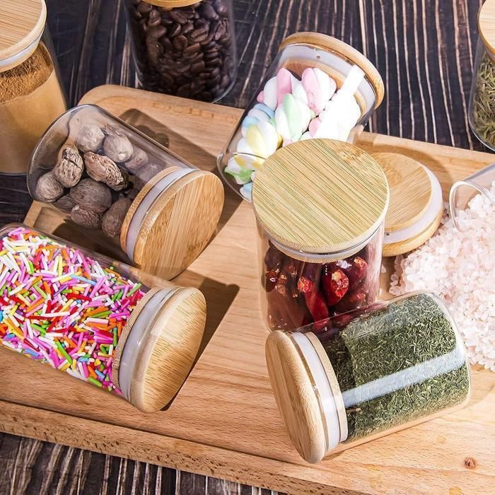 4 bocaux de stockage -pour épices - 350ml - Verre résistant - Couvercles en bambou - Cuillères en bois
