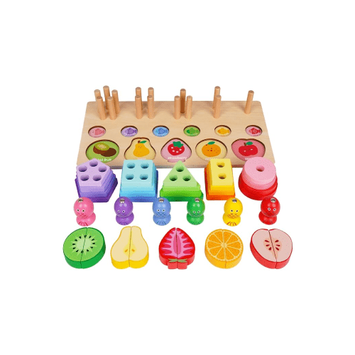 Agirlgle Jouets Montessori 3 en 1 en bois, jouets de tri et d'empilage, jeu de découpe de nourriture, jeu de pêche, trieur de formes de couleurs, puzzle éducatif, jouet d'apprentissage, motricité fine, blocs empilables géométriques
