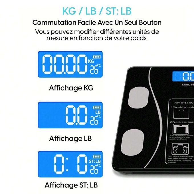 Image de Balance Connectée Intelligente via Bluetooth – Suivi Poids ,Analyse IMC, Masse Grasse &Musculaire via Application