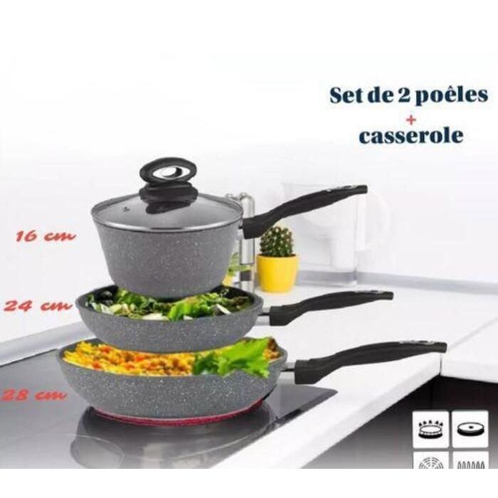 Batterie de cuisine - 28cm, 24cm, 16cm - Antiadhésif - Aluminium forgé - Compatible induction