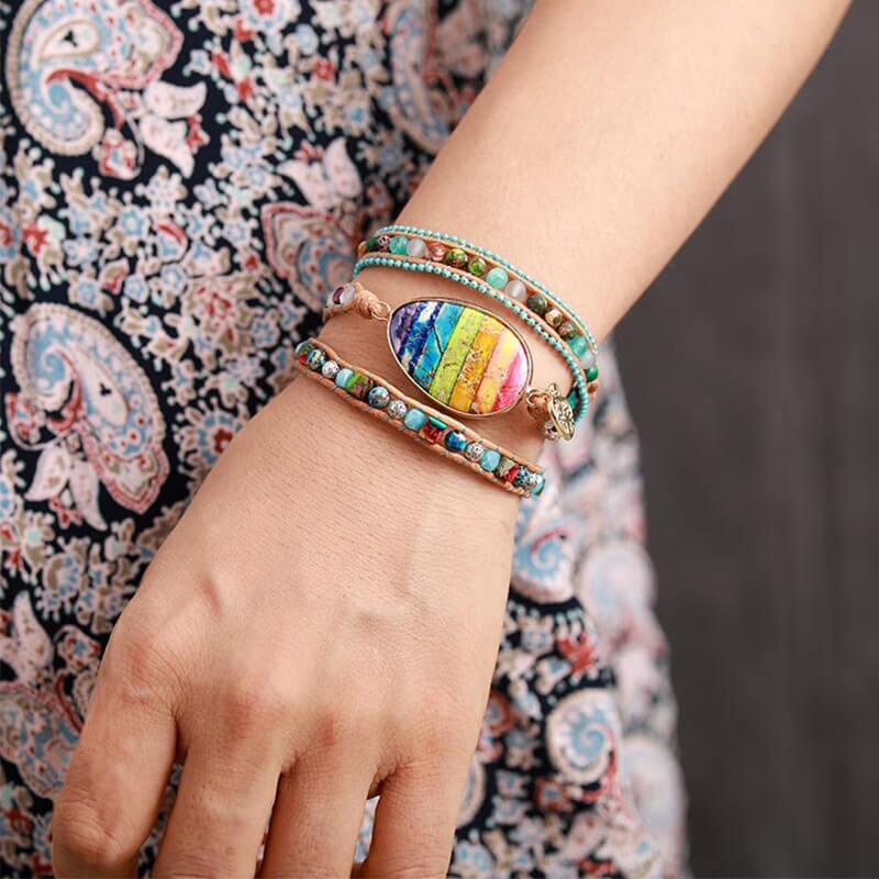 Bracelet Cuir Enroulé 3 Brins en Jaspe 7 Charka