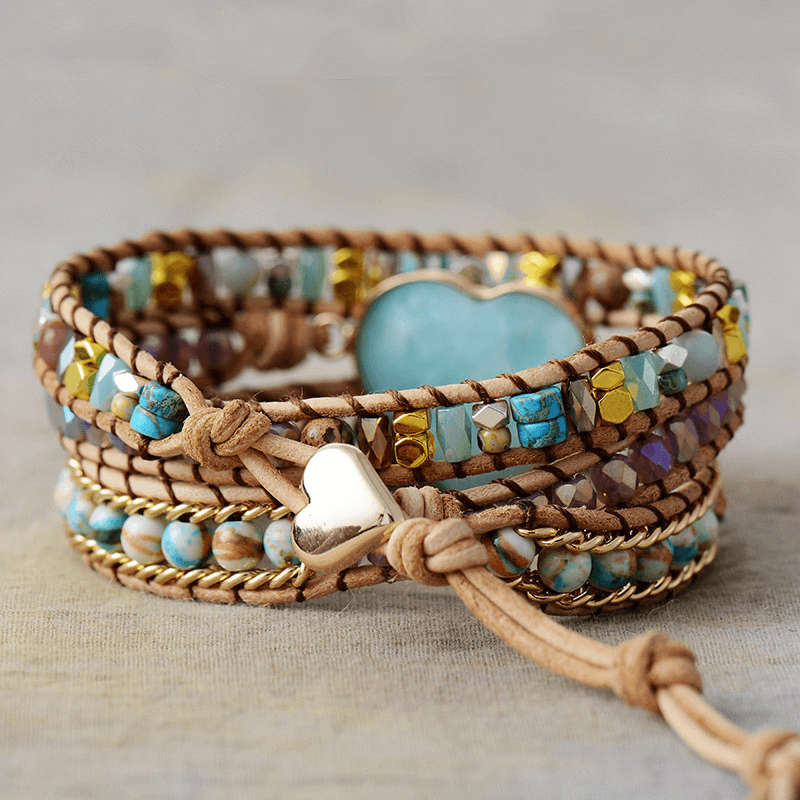 Image de Bracelet Cuir Enroulé 3 Brins en forme de cœur en Amazonite - Unbranded
