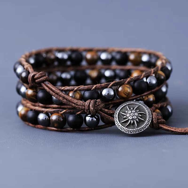 Bracelet Cuir Enroulé 3 Brins en Hématite, Agate et Œil de Tigre