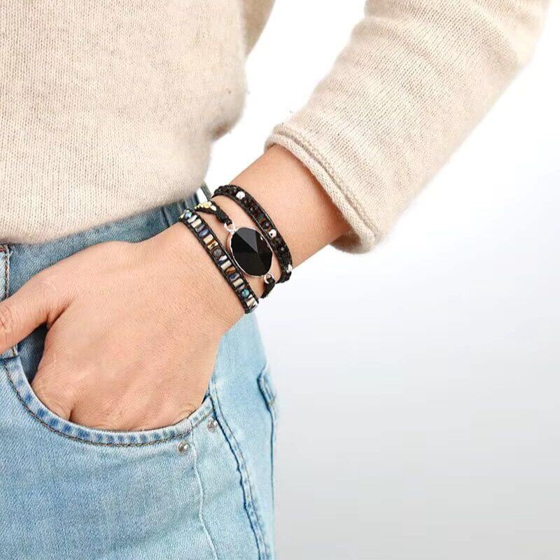 Bracelet Cuir Enroulé 3 Brins en Agate