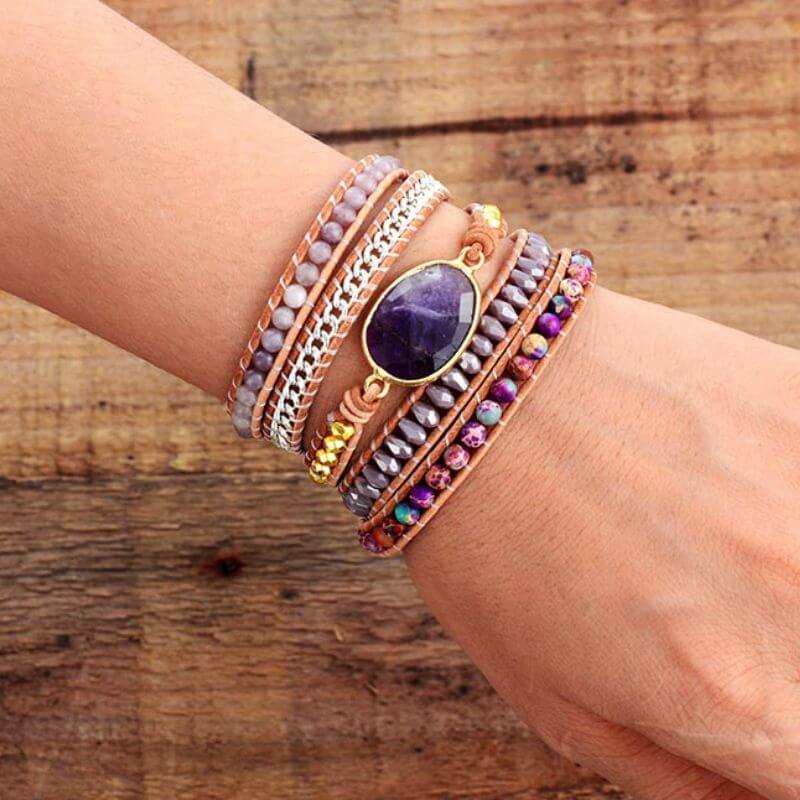 Bracelet Cuir Enroulé 5 Brins en Améthyste et Jaspe