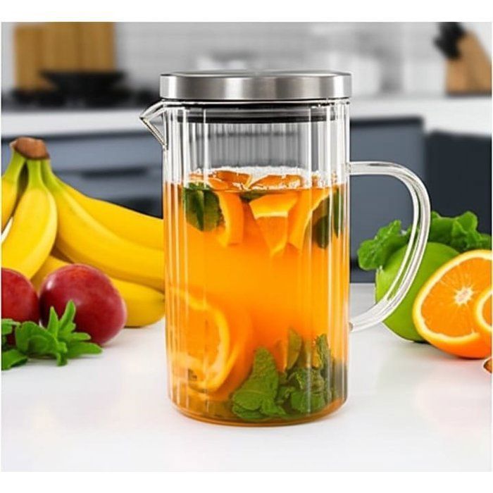 Carafe ou pichet à eau ou jus en verre cannelé avec un couvercle en acier inoxydable,pour eau ou jus.1L
