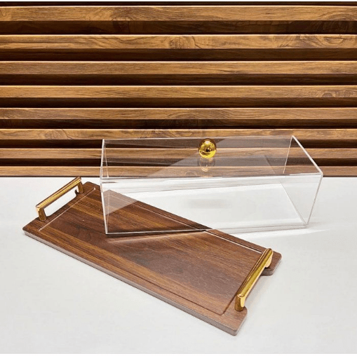 CLOCHE A GATEAU EN BOIS AVEC DÉTAIL DORÉ INOXYDABLE ET COUVERCLE EN PLEXIGLAS 30cm/10cm