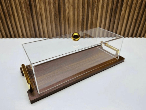 Image de CLOCHE A GATEAU EN BOIS AVEC DÉTAIL DORÉ INOXYDABLE ET COUVERCLE EN PLEXIGLAS 30cm/10cm - Unbranded