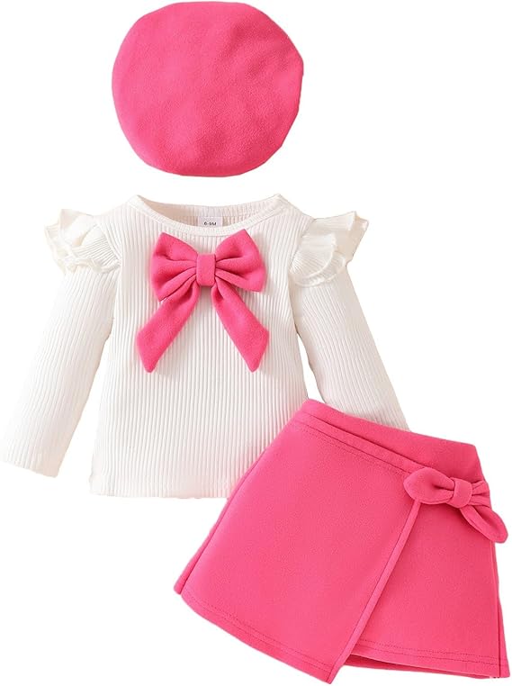 Image de Ensemble 3 pièces jupe/haut à manches longues et chapeau côtelés pour bébés et filles - Unbranded