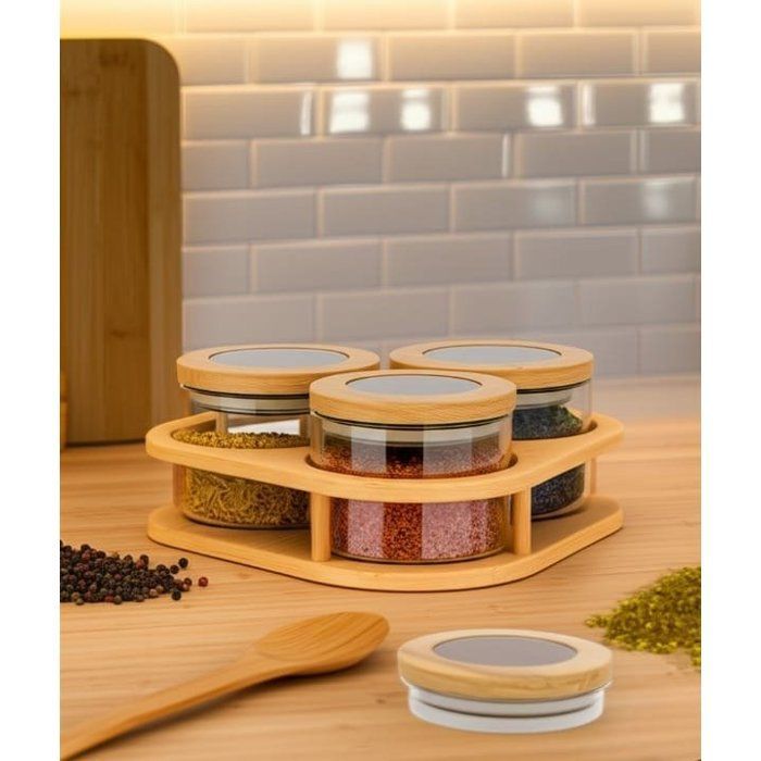 Ensemble élégant de 3 bocaux en verre avec couvercles en bois et support incliné en bois