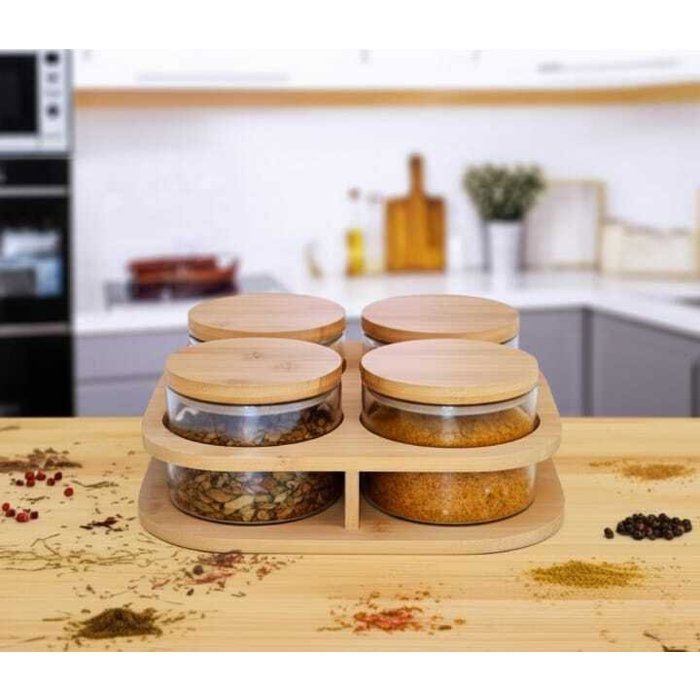 Ensemble élégant de 4 bocaux en verre avec couvercles en bois et support incliné en bois