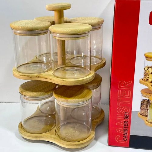 Ensemble Exclusif de 8 Bocaux en Verre avec Support Rotatif en Bambou